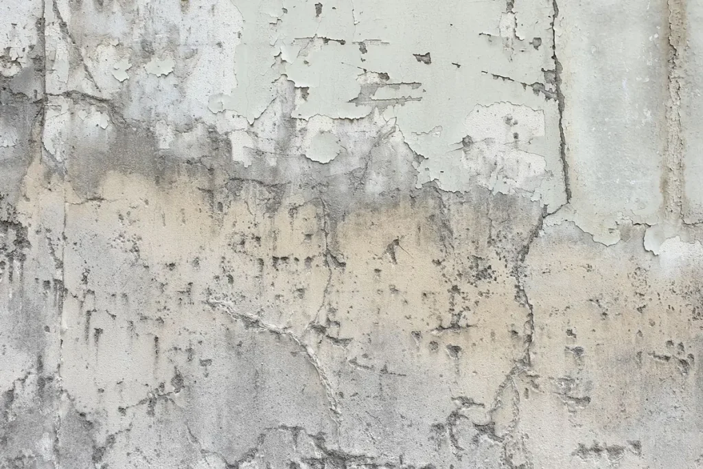 Cracked and peeling plaster wall, foundation inspection