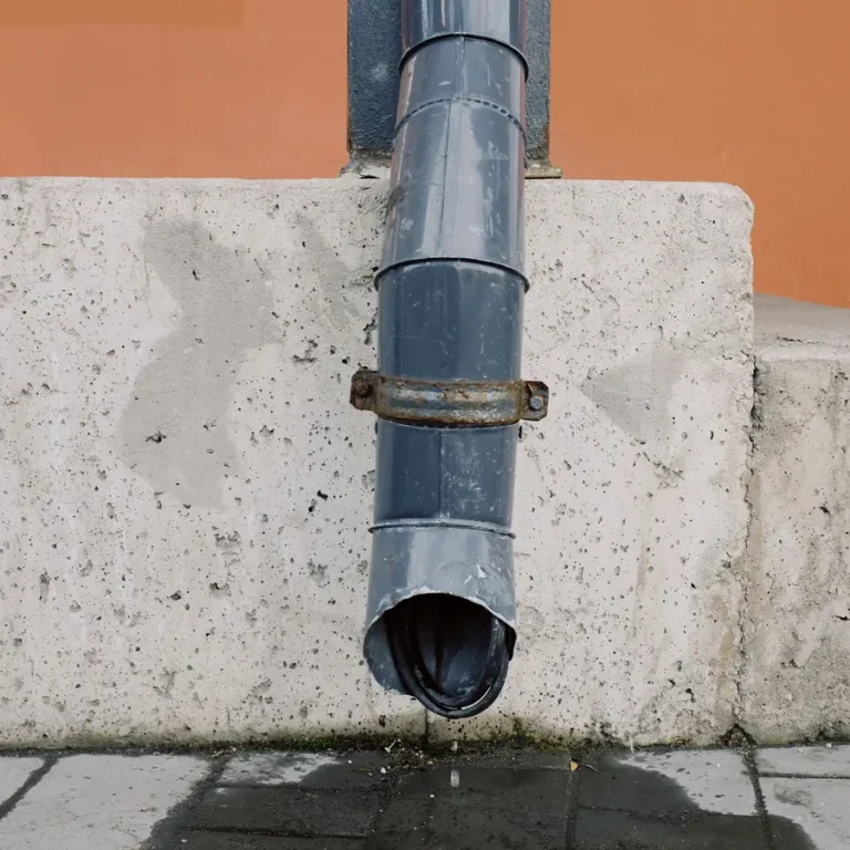 Downspout draining onto concrete steps, water near the foundation