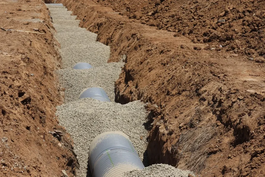 Drainage pipe in gravel trench, foundation drainage