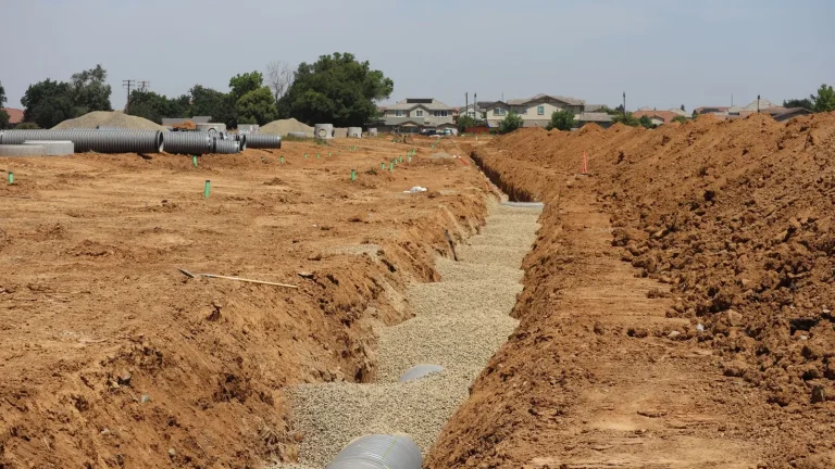 Trench with gravel for a french drain, waterproofing and drainage in Columbia, MO