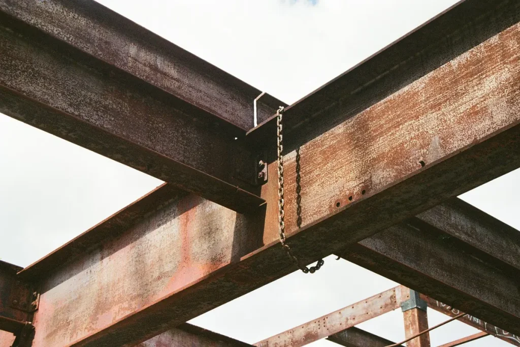 Rusted steel beam connection, pier support